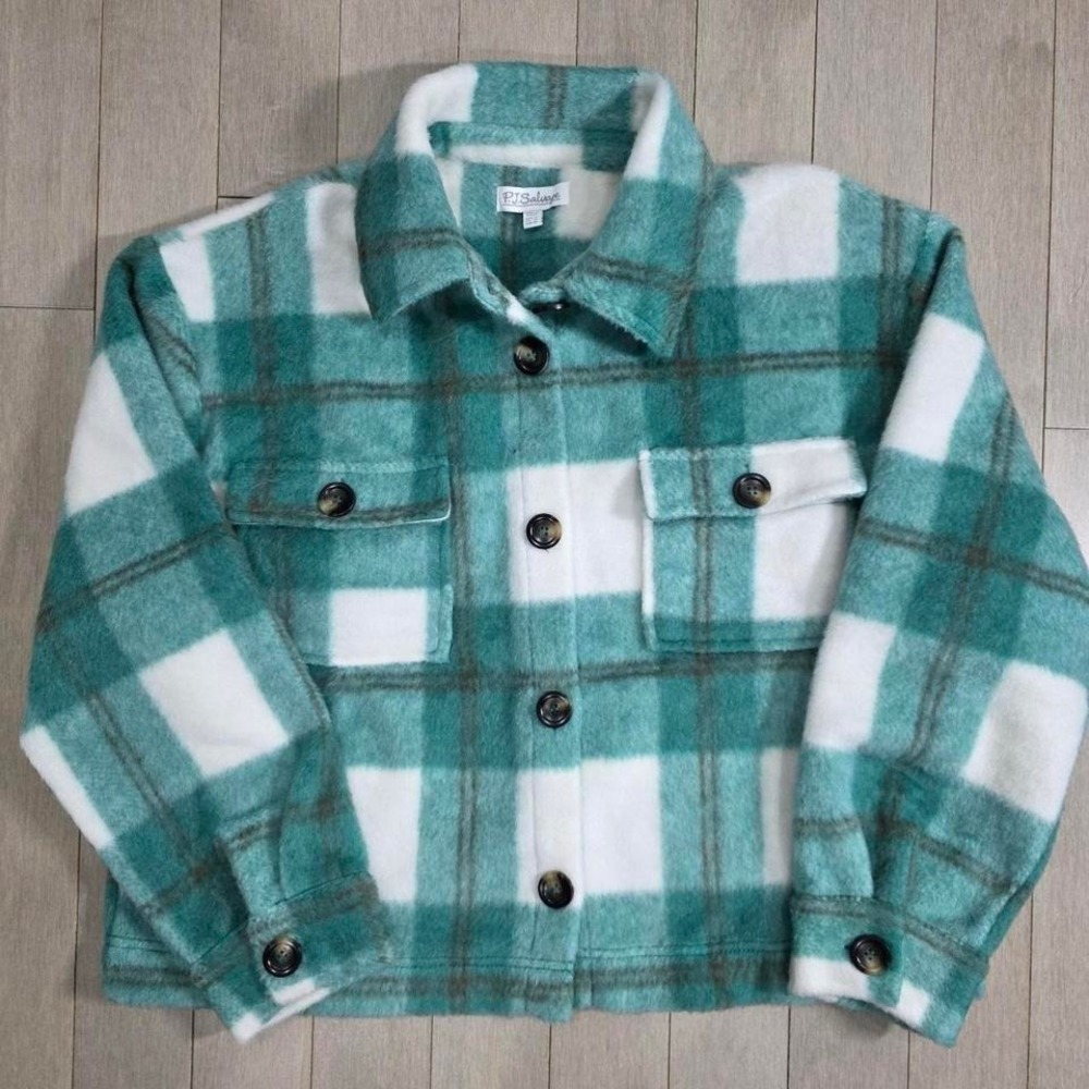 PJ Salvage Jade Plaid Shacket Button Front Fuzzy Jacket RRCPJ Teal White Medium